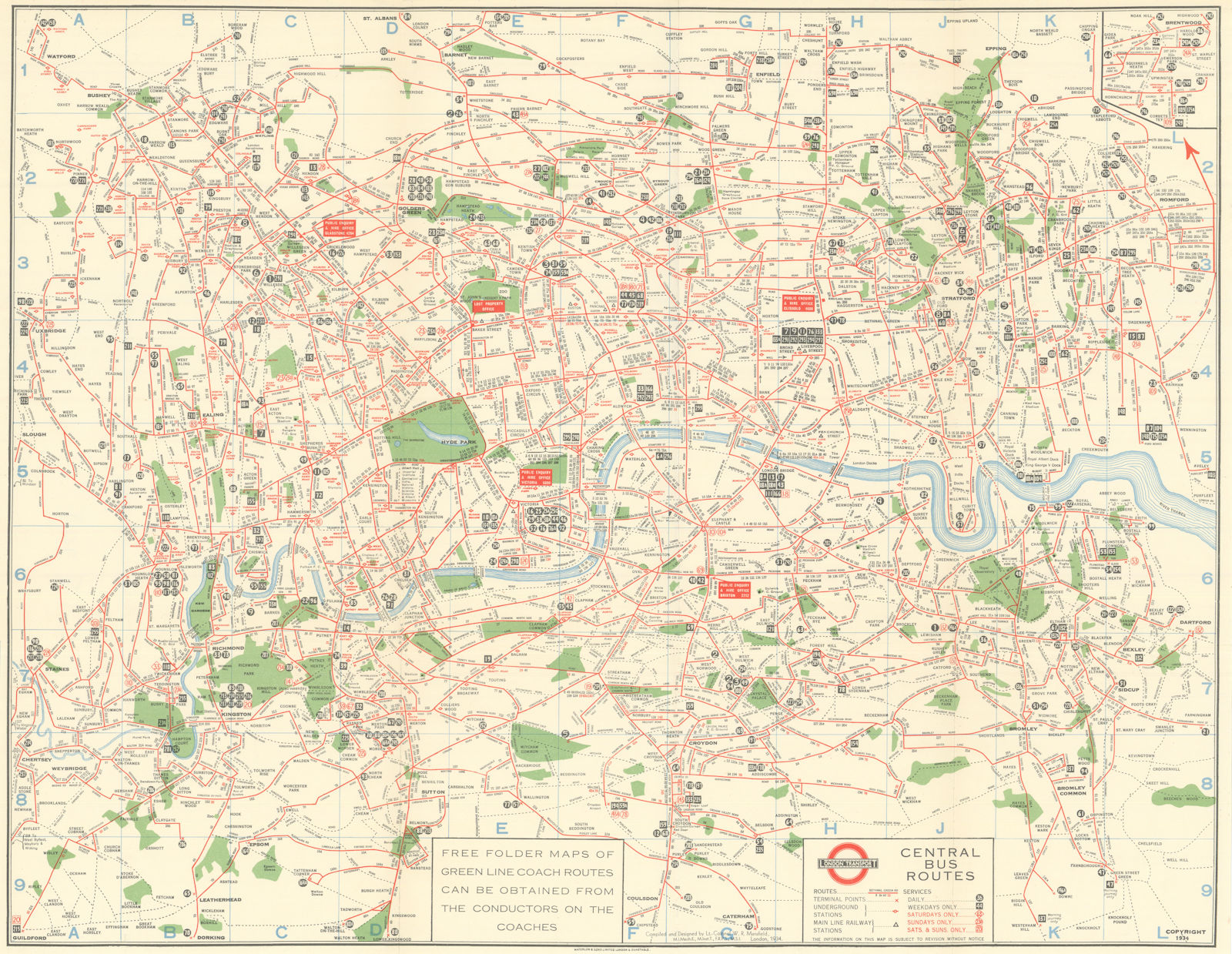 London Transport Central Bus Routes Map. L.P.T.B. / Mansfield 1934 (1936)